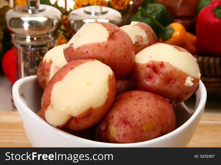 Bowl of boiled red potatoes in kitchen or restauarant. Bowl of boiled red potatoes in kitchen or restauarant