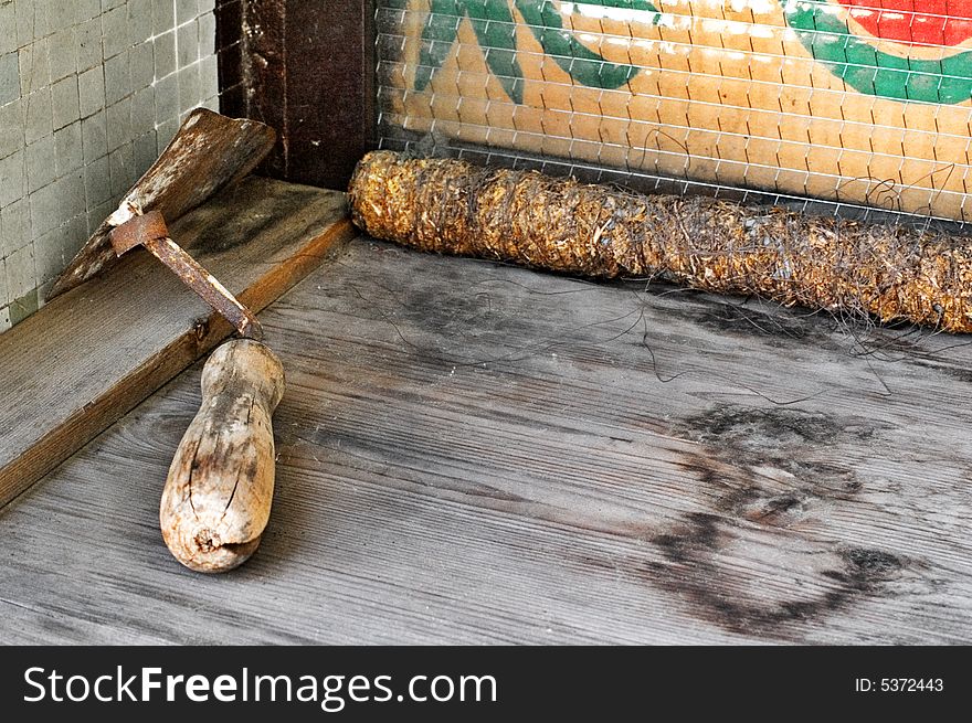 Abandoned rusty spatula on wooden table with copy space. Abandoned rusty spatula on wooden table with copy space