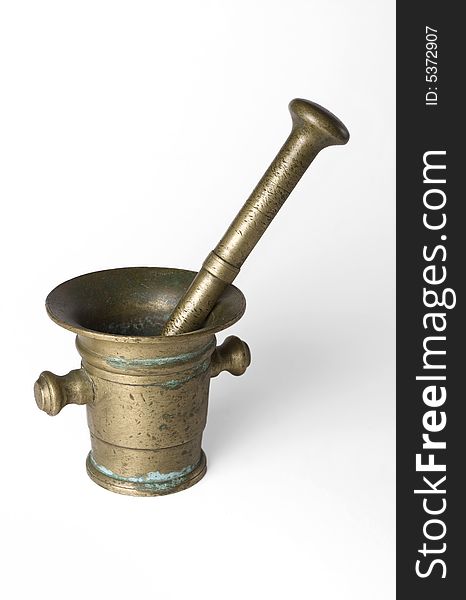 Bronze mortar with pestle on white background. Bronze mortar with pestle on white background