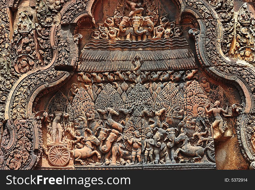 In Cambodia, in Angkor the 10th century temple of Banteay Srey was dedicated to the god Siva. The temple is known as ï¿½the jewel of the khmer artï¿½. Here a carved pediment. In Cambodia, in Angkor the 10th century temple of Banteay Srey was dedicated to the god Siva. The temple is known as ï¿½the jewel of the khmer artï¿½. Here a carved pediment