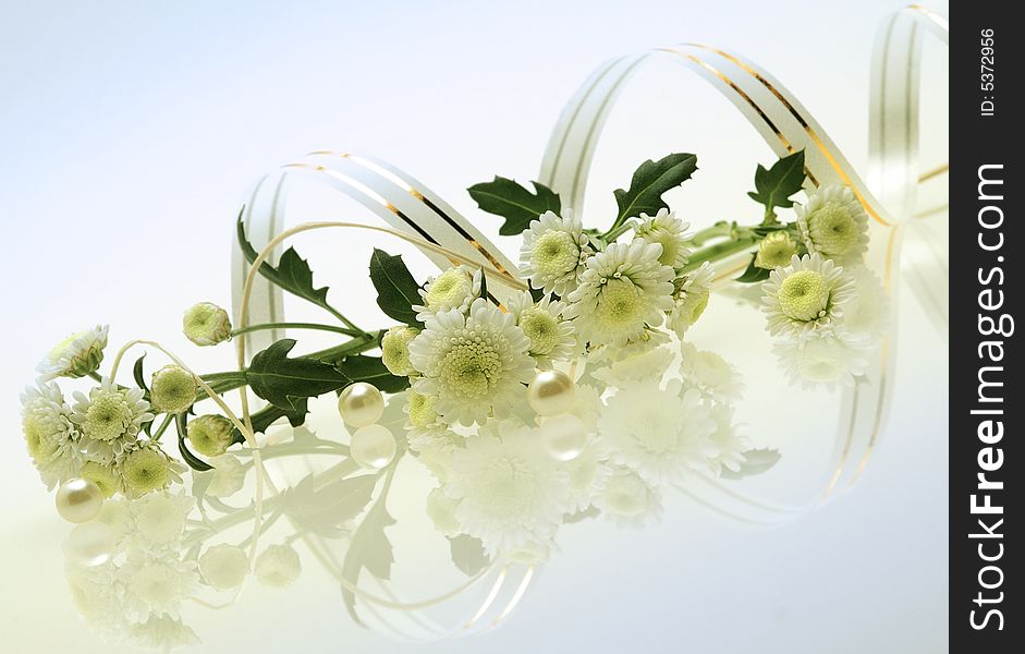 Elegant floral composition with chrysanthemums, perl and reflection