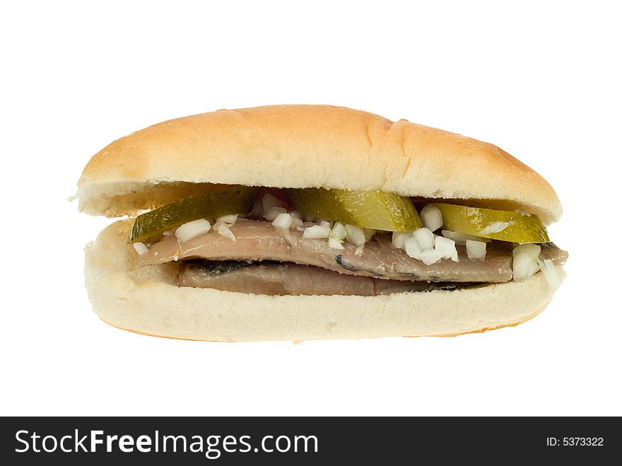 Typical dutch herring sandwich isolated on a white background