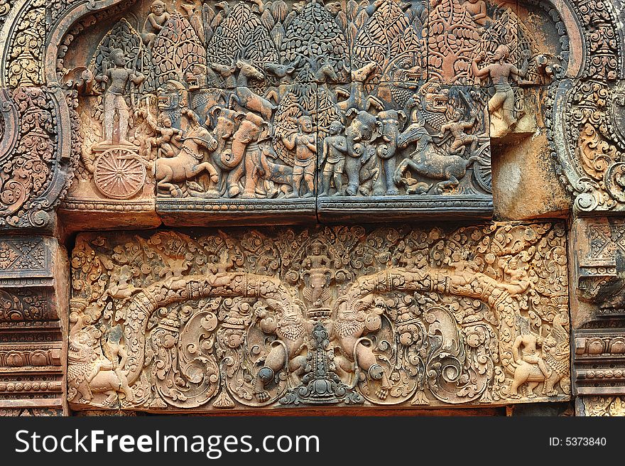 In Cambodia, in Angkor the 10th century temple of Banteay Srey was dedicated to the god Siva. The temple is known as �the jewel of the khmer art�. Here a elaborated carved pediment. In Cambodia, in Angkor the 10th century temple of Banteay Srey was dedicated to the god Siva. The temple is known as �the jewel of the khmer art�. Here a elaborated carved pediment
