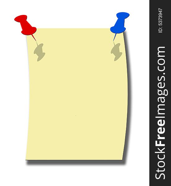Yellow note and red blue pushpins. Yellow note and red blue pushpins