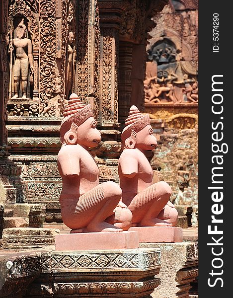 In Cambodia, in Angkor the 10th century temple of Banteay Srey was dedicated to the god Siva. The temple is known as ï¿½the jewel of the khmer artï¿½. Here two guardians of the temple. In Cambodia, in Angkor the 10th century temple of Banteay Srey was dedicated to the god Siva. The temple is known as ï¿½the jewel of the khmer artï¿½. Here two guardians of the temple