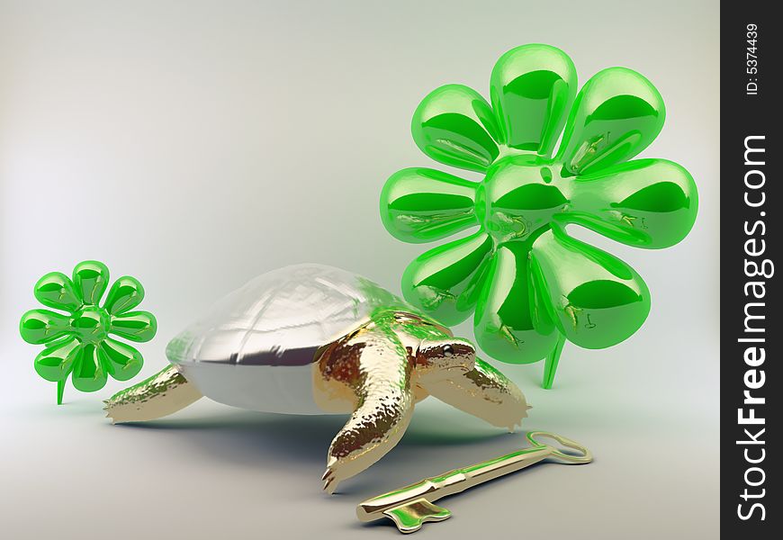 Turtle with gold key, 3D render