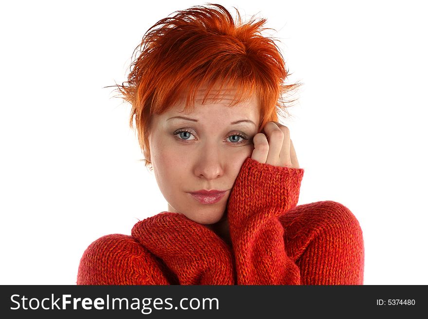 Sad red haired woman isolated on white background