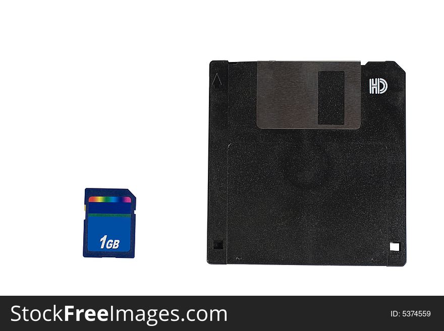 Old floppy disk and 1 GB flash card