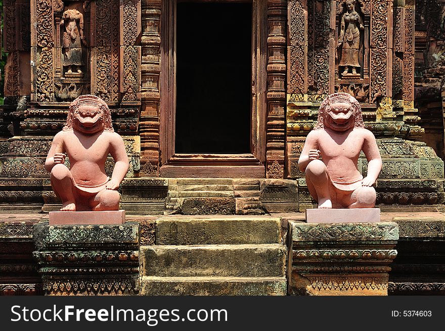 In Cambodia, in Angkor the 10th century temple of Banteay Srey was dedicated to the god Siva. The temple is known as ï¿½the jewel of the khmer artï¿½. Here two guardians of the temple. In Cambodia, in Angkor the 10th century temple of Banteay Srey was dedicated to the god Siva. The temple is known as ï¿½the jewel of the khmer artï¿½. Here two guardians of the temple