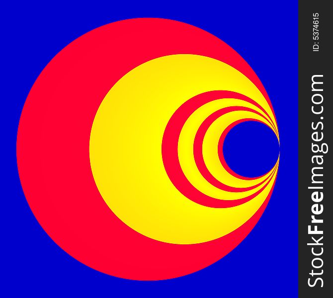 An abstract fractal of red and yellow circles on a blue background.