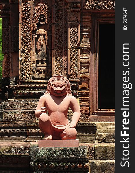 In Cambodia, in Angkor the 10th century temple of Banteay Srey was dedicated to the god Siva. The temple is known as ï¿½the jewel of the khmer artï¿½. Here a guardian of the temple. In Cambodia, in Angkor the 10th century temple of Banteay Srey was dedicated to the god Siva. The temple is known as ï¿½the jewel of the khmer artï¿½. Here a guardian of the temple