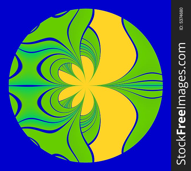 An abstract fractal done in a green and yellow pattern on a blue background. An abstract fractal done in a green and yellow pattern on a blue background.