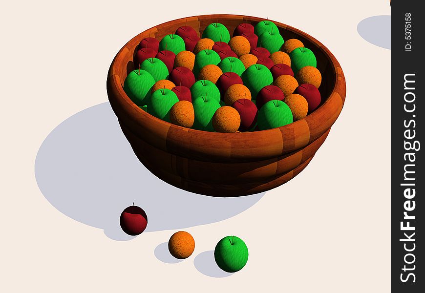 3d rendering of a wooden bowl with apple and orange. 3d rendering of a wooden bowl with apple and orange