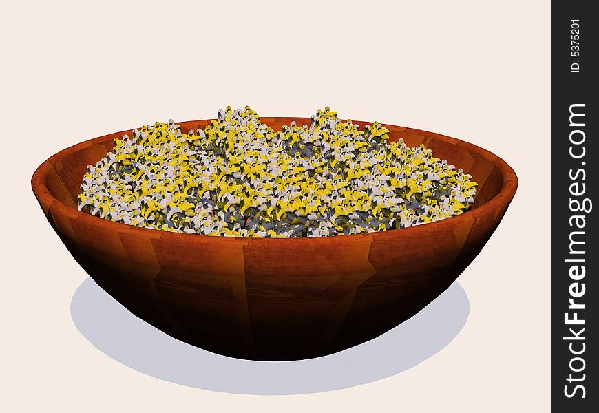 3d rendering of a wooden bowl with popcorn. 3d rendering of a wooden bowl with popcorn