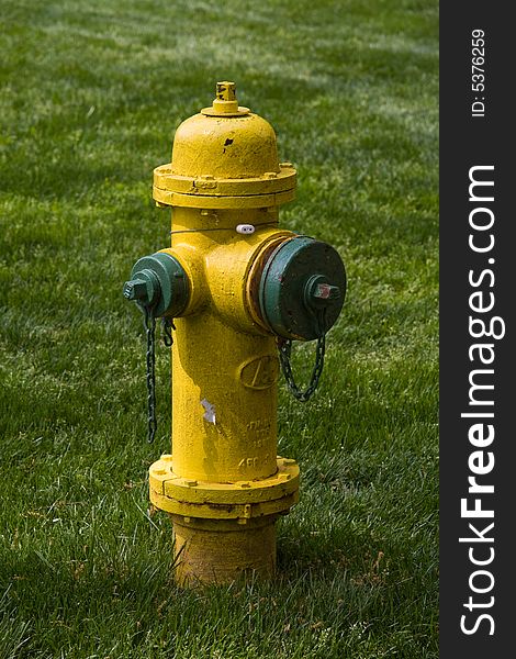 A yellow and green fire hydrant on a grass lawn. A yellow and green fire hydrant on a grass lawn.