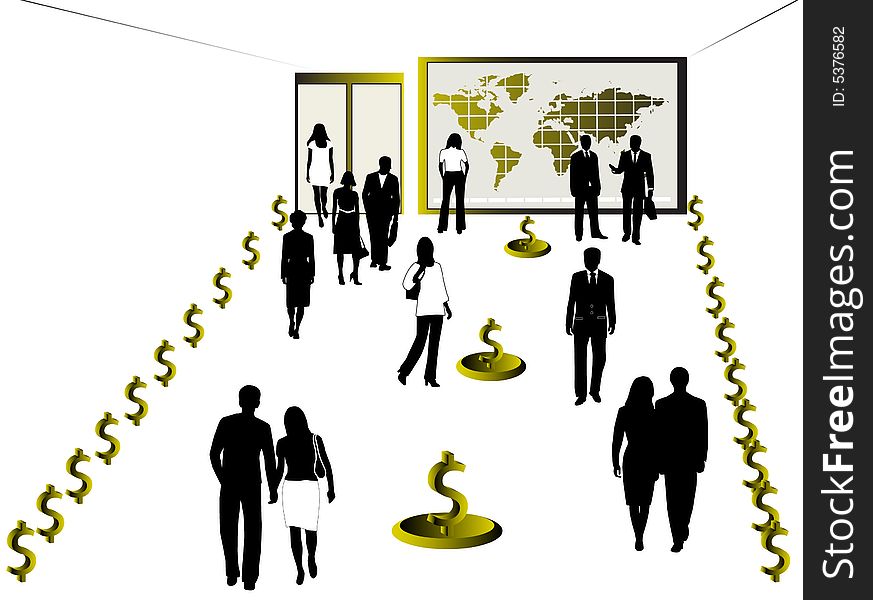 Illustration of business people, dollars and map. Illustration of business people, dollars and map