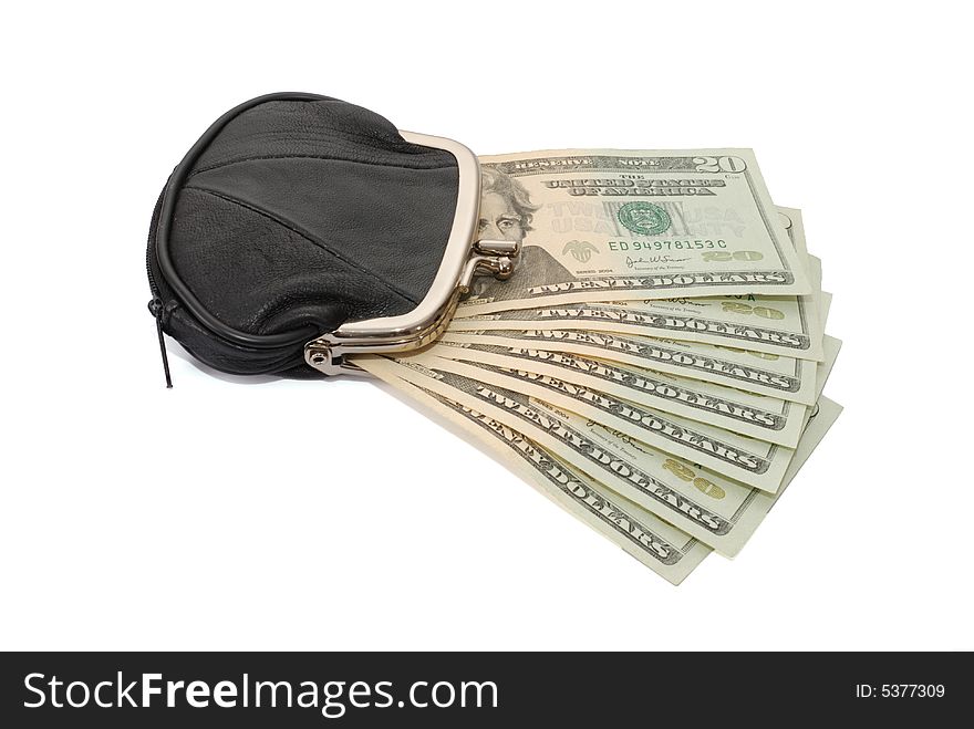 Black leather purse with money isolated