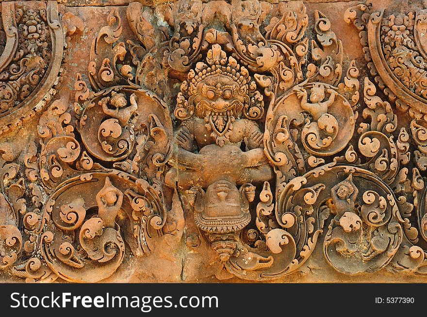 In Cambodia, in Angkor the 10th century temple of Banteay Srey was dedicated to the god Siva. The temple is known as �the jewel of the khmer art�. Here a carved pediment. In Cambodia, in Angkor the 10th century temple of Banteay Srey was dedicated to the god Siva. The temple is known as �the jewel of the khmer art�. Here a carved pediment