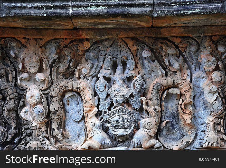 In Cambodia, in Angkor the hindu temple of Banteay Samre was built by Suryavarman II and Yasovarman II in the 12th century. Here a detail of a carved lintel. In Cambodia, in Angkor the hindu temple of Banteay Samre was built by Suryavarman II and Yasovarman II in the 12th century. Here a detail of a carved lintel