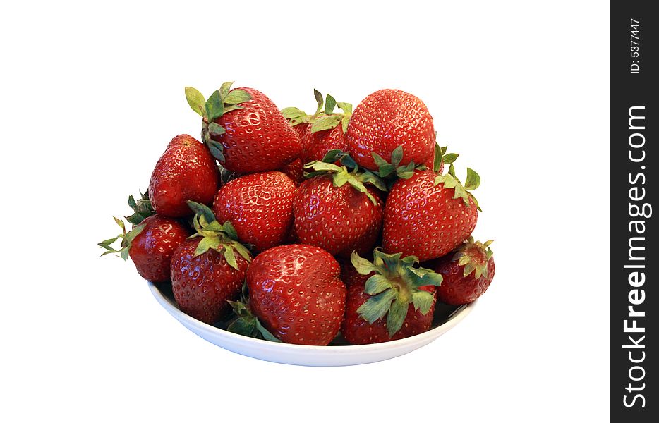 White plate with lot of fresh nice strawberry on white background. White plate with lot of fresh nice strawberry on white background