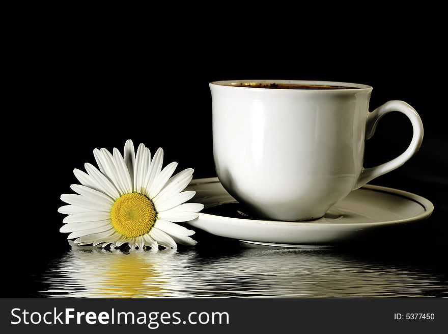 Beautiful camomile and cup of coffee on a black background