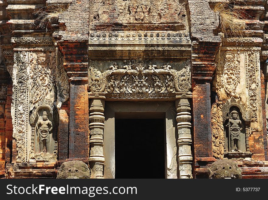 In Cambodia in the ancient city of Roulos the Hindu temple of Preah Ko or� The sacred bull� was built in the 9th century by the king Indravarman. View of a carved entrance. In Cambodia in the ancient city of Roulos the Hindu temple of Preah Ko or� The sacred bull� was built in the 9th century by the king Indravarman. View of a carved entrance