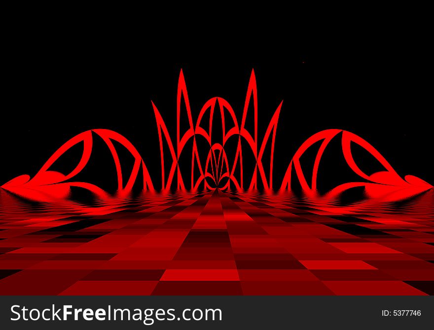 Abstract illustration, red ornament from the colors and the tapes limit flat surface, absolutely black background. Abstract illustration, red ornament from the colors and the tapes limit flat surface, absolutely black background.