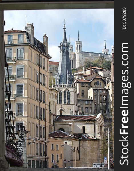 The church of Saint Vincent was built in the second half of the 18th century. The facade of the church was added at the end of the 19th century. St Vincent footbridge crosses river Saone. Fourviere basilica is on the top hill. The church of Saint Vincent was built in the second half of the 18th century. The facade of the church was added at the end of the 19th century. St Vincent footbridge crosses river Saone. Fourviere basilica is on the top hill