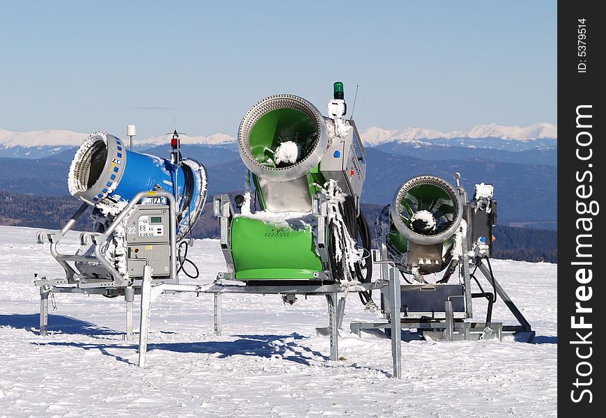 Snow cannons on the top of a muntain. Snow cannons on the top of a muntain