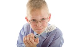 Boy Holding Brush And Prepare To Clean Stock Photos Boy Holding Brush And Prepare To Clean Stock Photos