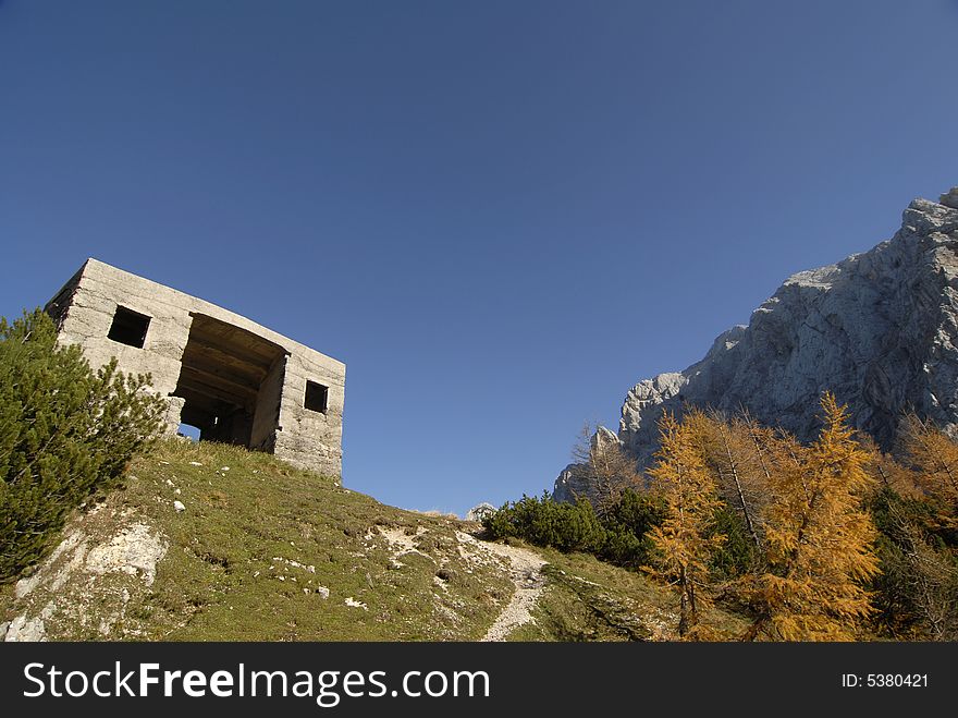 Bunker from first world war on the top of the highest mountain pass in Slovenia called Vrsic