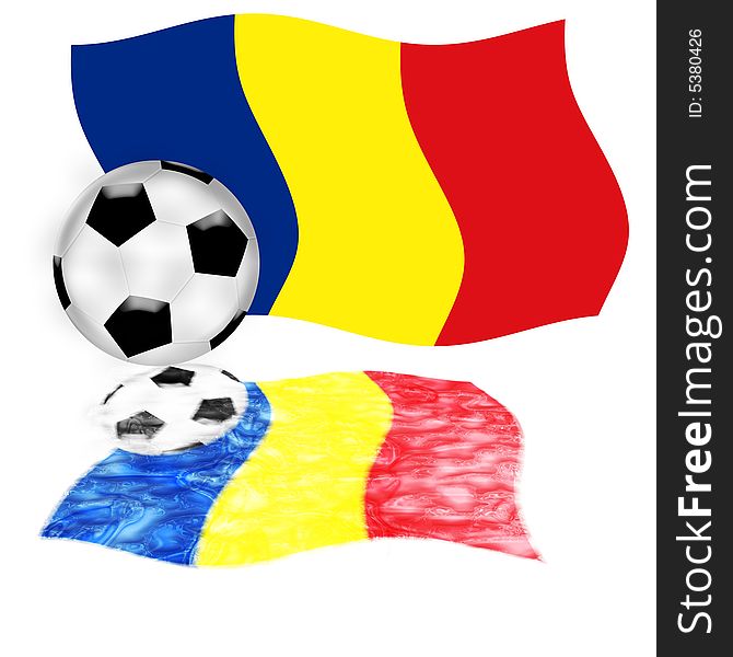 Illustration of a football ball with the romania flag at the back. Illustration of a football ball with the romania flag at the back