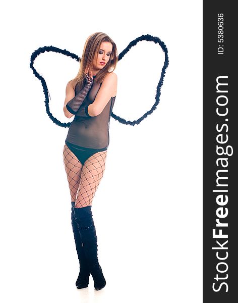 girl in transparent black lingerie with angel wings. girl in transparent black lingerie with angel wings