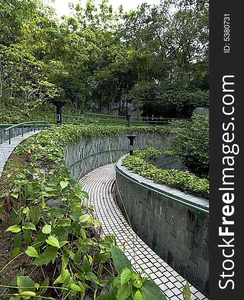 A curve pathway with plants and railing