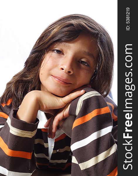 Headshot of a young child isolated on white.