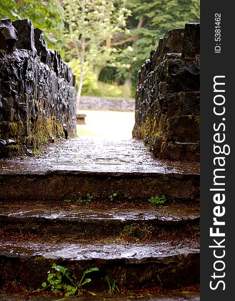 A stone walkway leading to a green garden