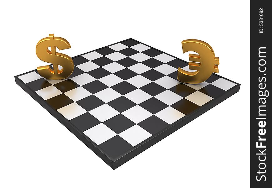 3d illustration of an dollar and euro signs on chessboard. 3d illustration of an dollar and euro signs on chessboard