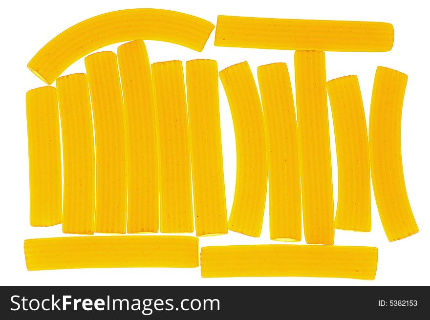 Italian pasta penne rigate isolated in back light white background. Italian pasta penne rigate isolated in back light white background