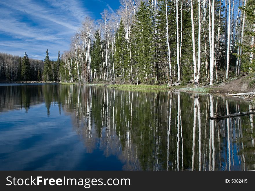 Striking sky accenting clear mountain lake with forest. Striking sky accenting clear mountain lake with forest