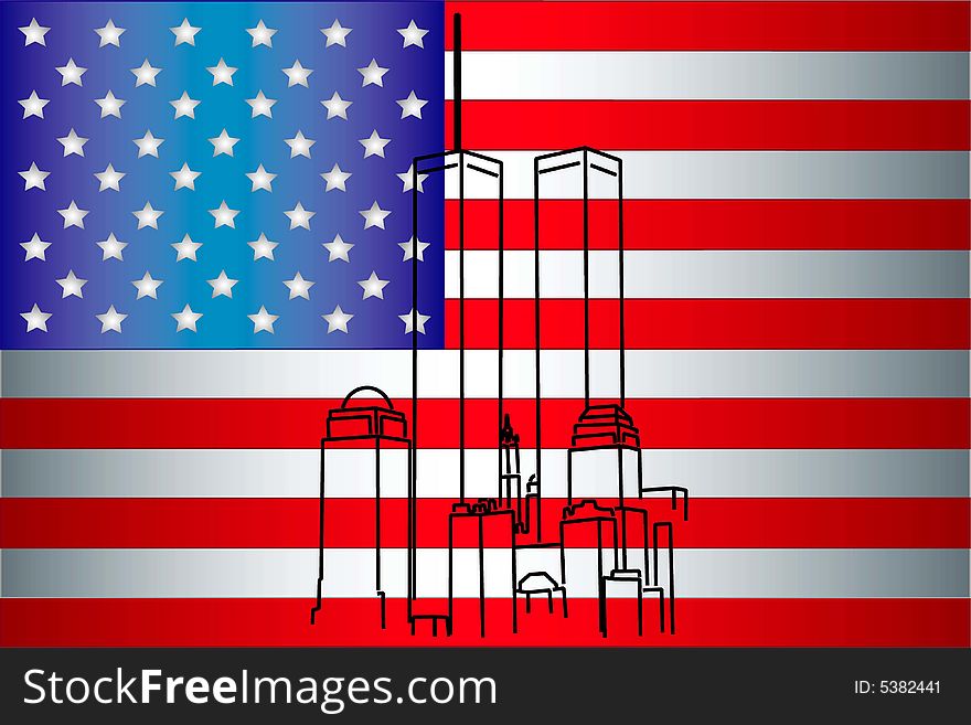 Vector illustration of silhouettes of the World Trading Center on a background of the American flag. Vector illustration of silhouettes of the World Trading Center on a background of the American flag