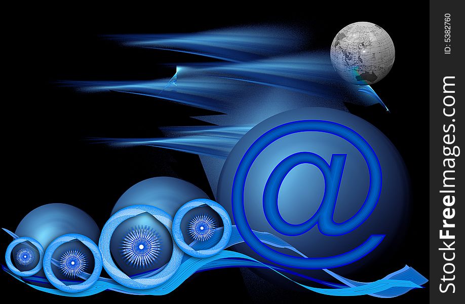 This design gives the impression of big blue planets in space. The globe, waves, @ and connected circles are symbolic for world wide internet connections. This design gives the impression of big blue planets in space. The globe, waves, @ and connected circles are symbolic for world wide internet connections.