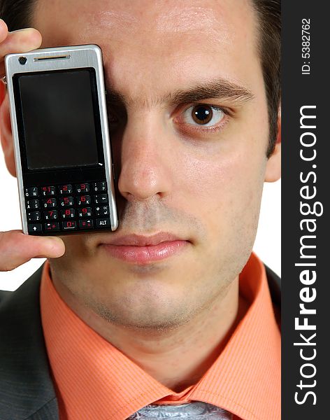 Man with cellphone on eye