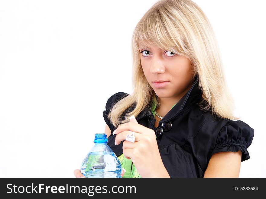 Attractive young women drink water - white background. Attractive young women drink water - white background