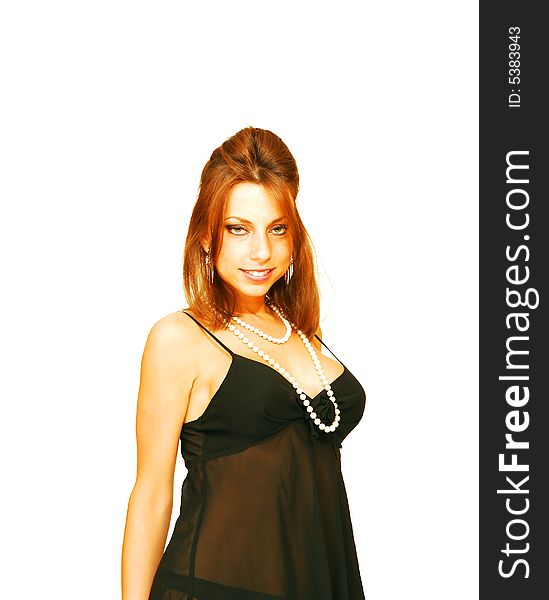 An very fit woman in black lingerie standing in an  
studio for white background and shooing her great figure. An very fit woman in black lingerie standing in an  
studio for white background and shooing her great figure.