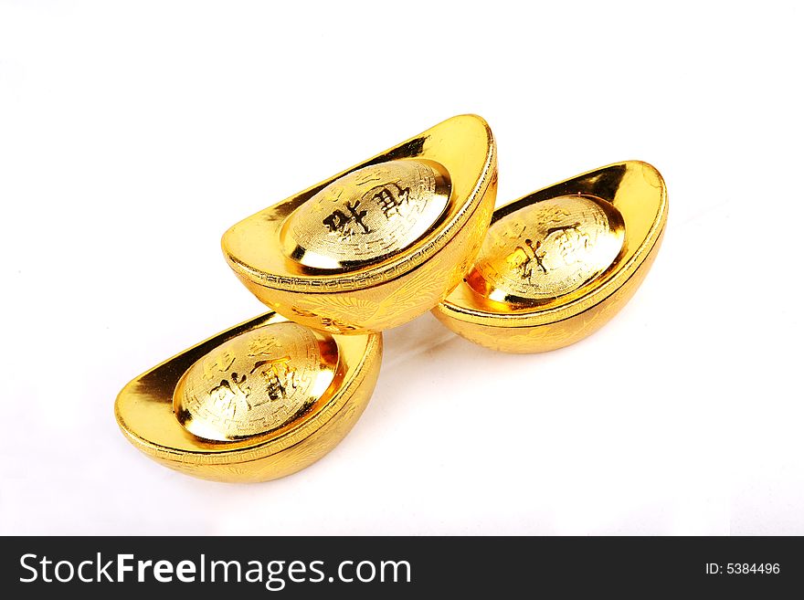 Chinese Gold Ingots In Isolated Whi