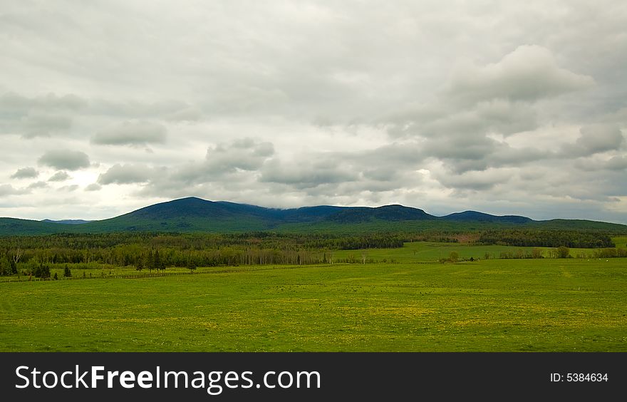 Green fields under a grey cloud covered sky. Green fields under a grey cloud covered sky