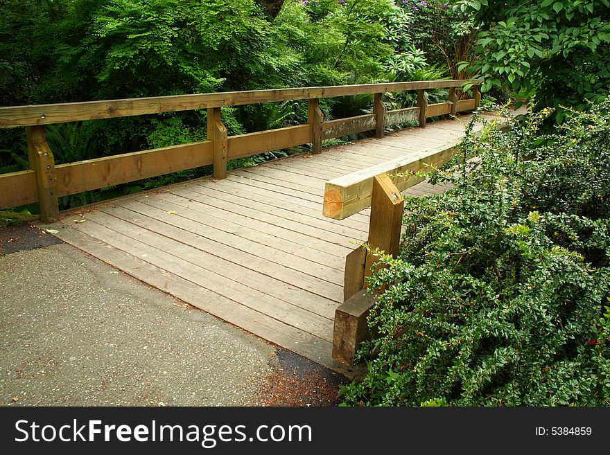 Perspective view of a wood bridge on a park