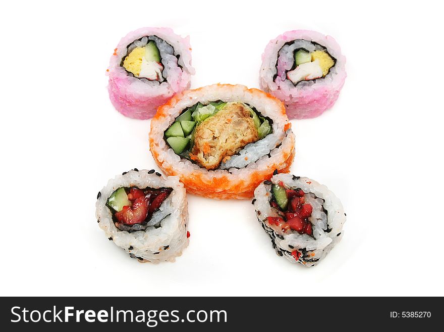 Five pieces of Japanese sushi rolls on white background.