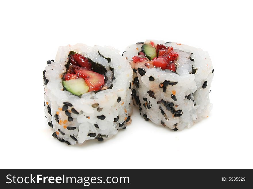 Two pieces of Japanese sushi roll on white background. Two pieces of Japanese sushi roll on white background.