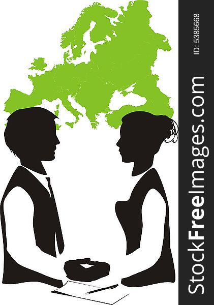 Two business-partners on a background the card of Europe. Vector illustration. Two business-partners on a background the card of Europe. Vector illustration
